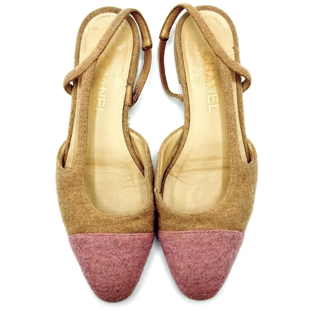 CHANEL 20B Camel and Pink Bi Color Tweed Ballet Slingback Sandal Flats EU 38.5 - Picture 2 of 13